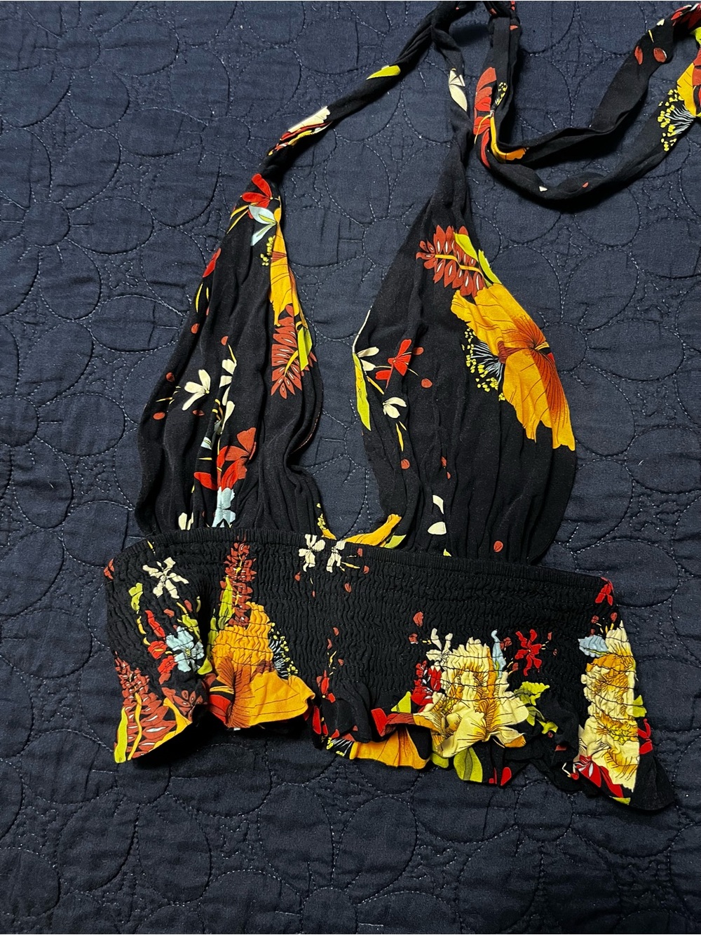 SHEIN Black Halter Floral Smocked Crop Top with Yellow & Red Blooms